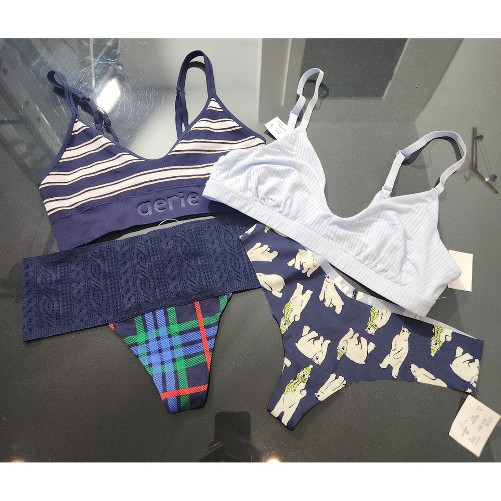 Aerie 4pc Bundle 2 Bralettes 2 Thongs NWT Small Navy Stripe Polar Bear Plaid